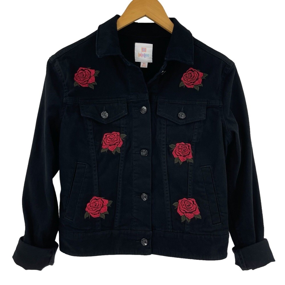 LuLaRoe Harvey Womens XS Black Stretch Jean Jacket Embroidered Red Roses Flowers
